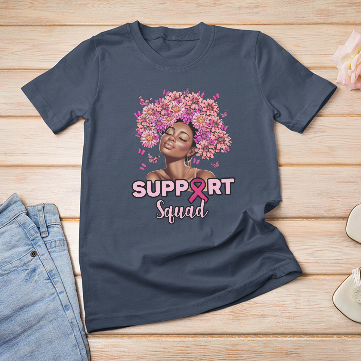 Breast Cancer Awareness T Shirt Support Squad Black Afro Women Pink Ribbon Sunflower - Wonder Print Shop