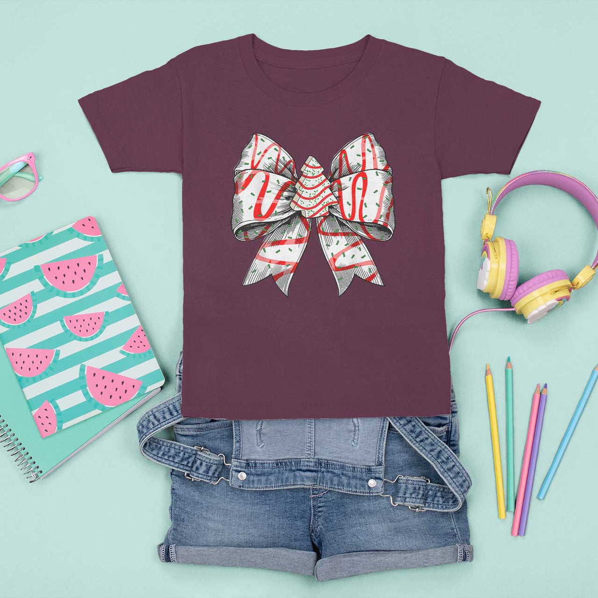 Coquette Bow Christmas Tree Cake T Shirt For Kid Xmas Vibes - Wonder Print Shop