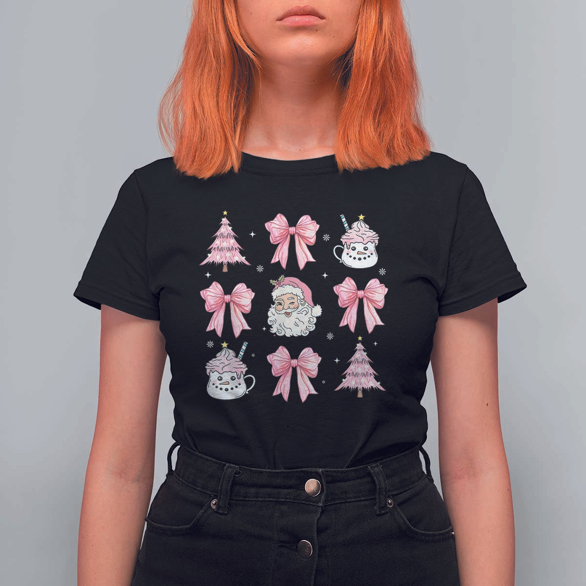 Pink Christmas Coquette Bow T Shirt For Women Santa Festive Xmas Vibe - Wonder Print Shop