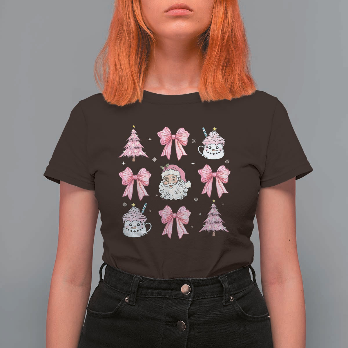 Pink Christmas Coquette Bow T Shirt For Women Santa Festive Xmas Vibe - Wonder Print Shop