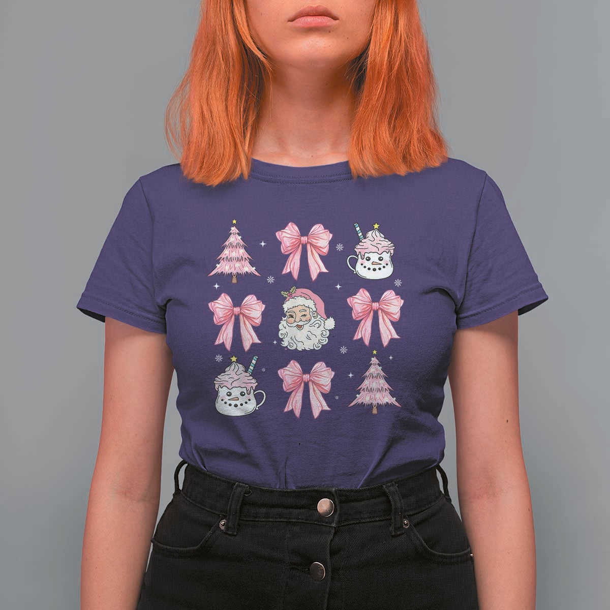 Pink Christmas Coquette Bow T Shirt For Women Santa Festive Xmas Vibe - Wonder Print Shop