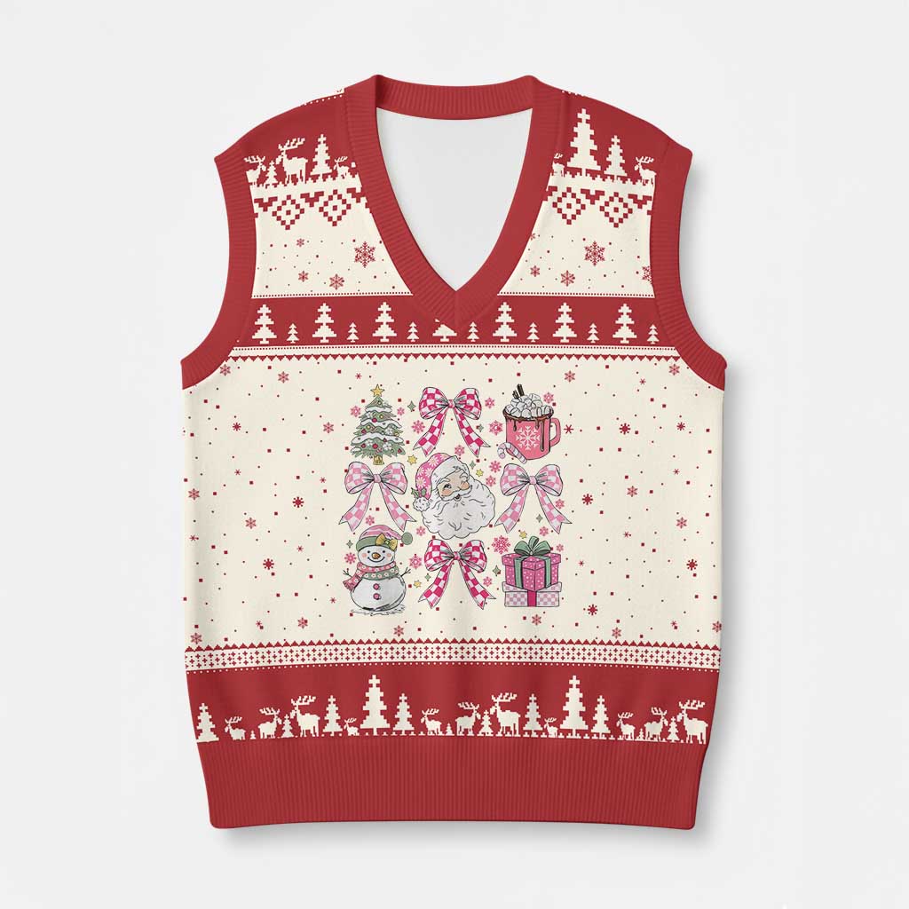 Retro Santa Claus Pink Coquette Bow V-Neck Knit Sweater Vest Festive Xmas Vibe - Wonder Print Shop