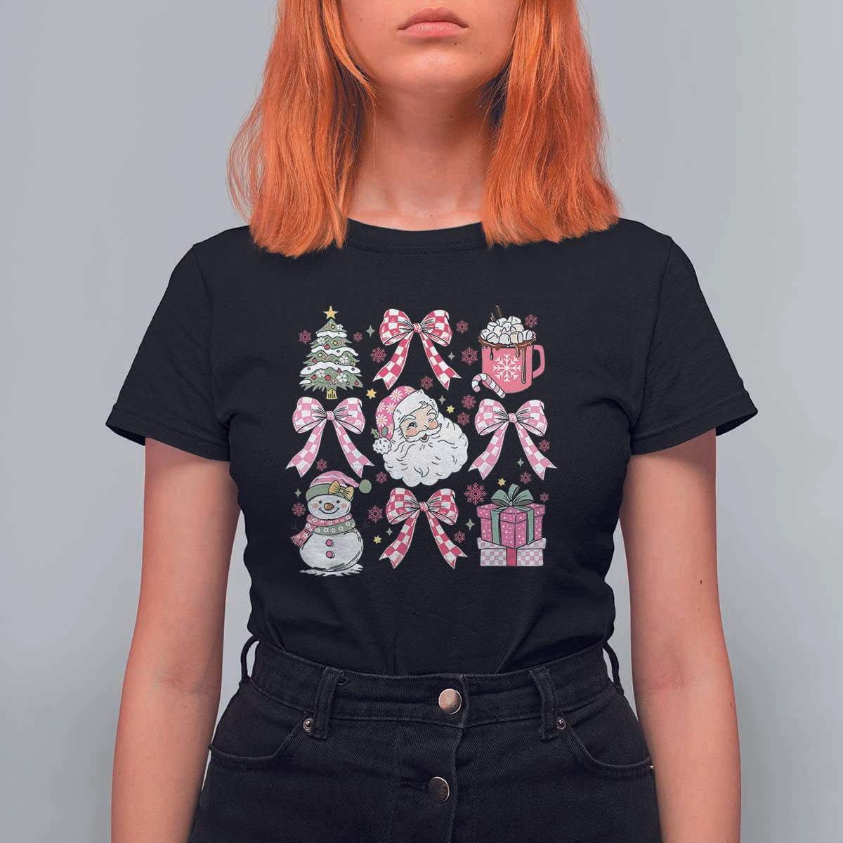 Retro Santa Claus Pink Coquette Bow T Shirt For Women Festive Xmas Vibe - Wonder Print Shop