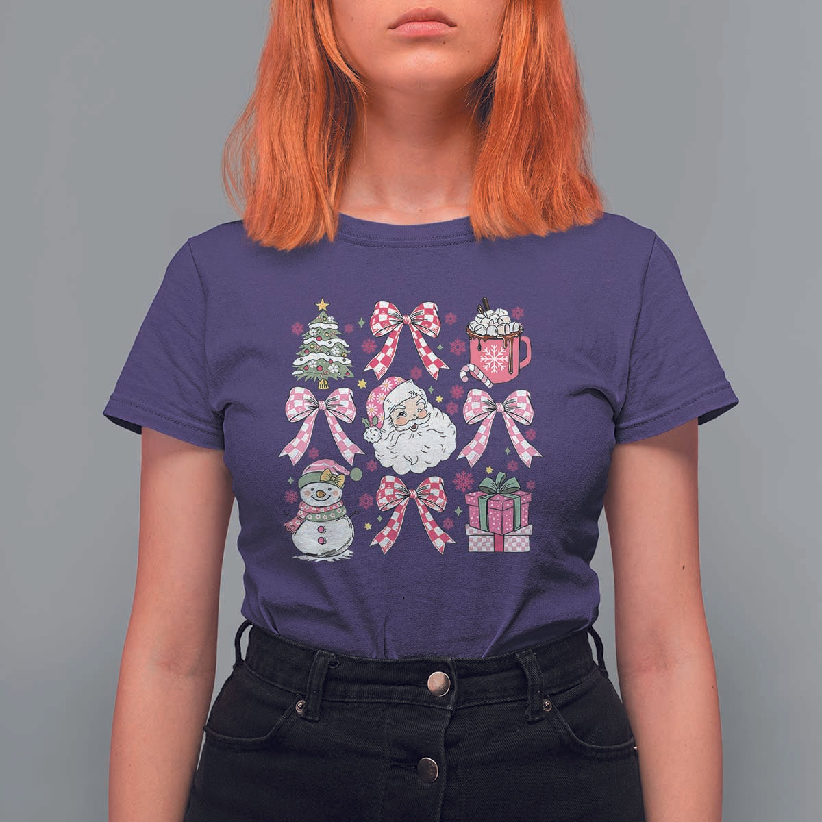Retro Santa Claus Pink Coquette Bow T Shirt For Women Festive Xmas Vibe - Wonder Print Shop