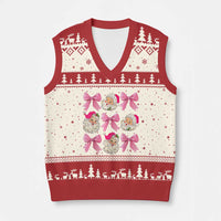Vintage Pink Xmas Coquette Bow V-Neck Knit Sweater Vest Santa Claus Festive Xmas Vibe - Wonder Print Shop