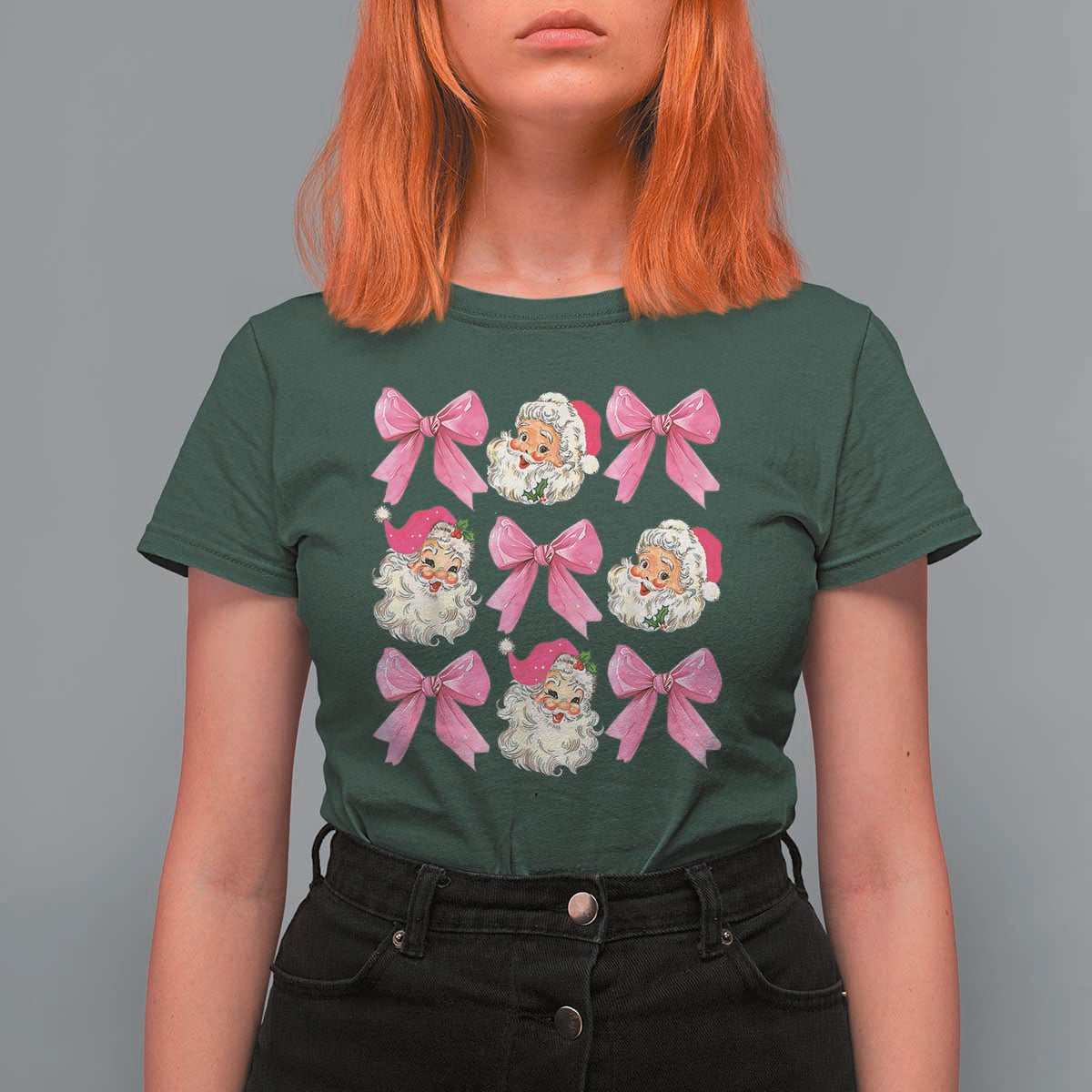 Vintage Pink Christmas Coquette Bow T Shirt For Women Santa Claus Festive Xmas Vibe - Wonder Print Shop