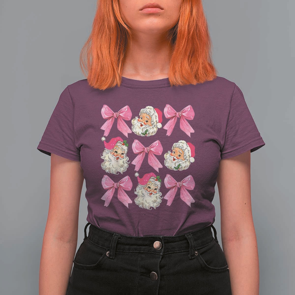 Vintage Pink Christmas Coquette Bow T Shirt For Women Santa Claus Festive Xmas Vibe - Wonder Print Shop