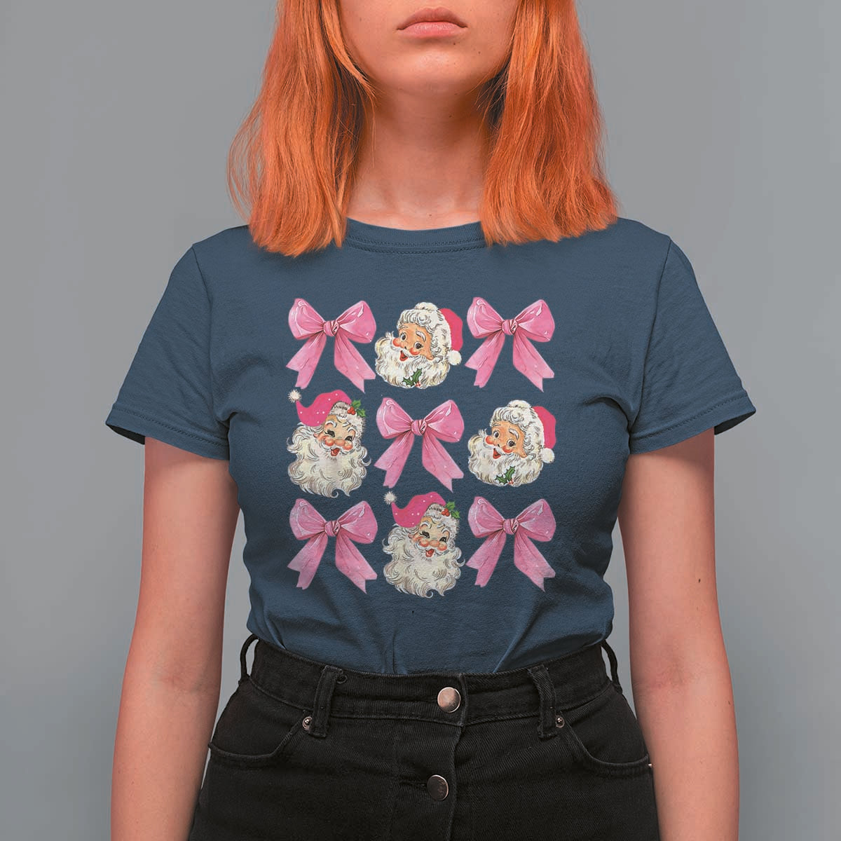 Vintage Pink Christmas Coquette Bow T Shirt For Women Santa Claus Festive Xmas Vibe - Wonder Print Shop