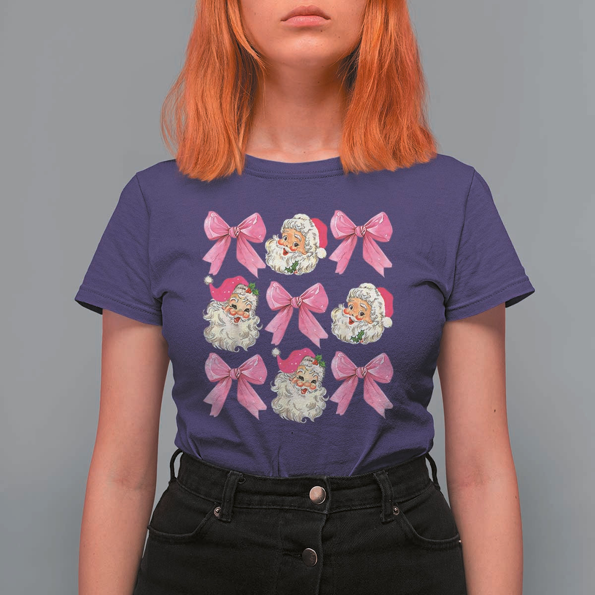 Vintage Pink Christmas Coquette Bow T Shirt For Women Santa Claus Festive Xmas Vibe - Wonder Print Shop