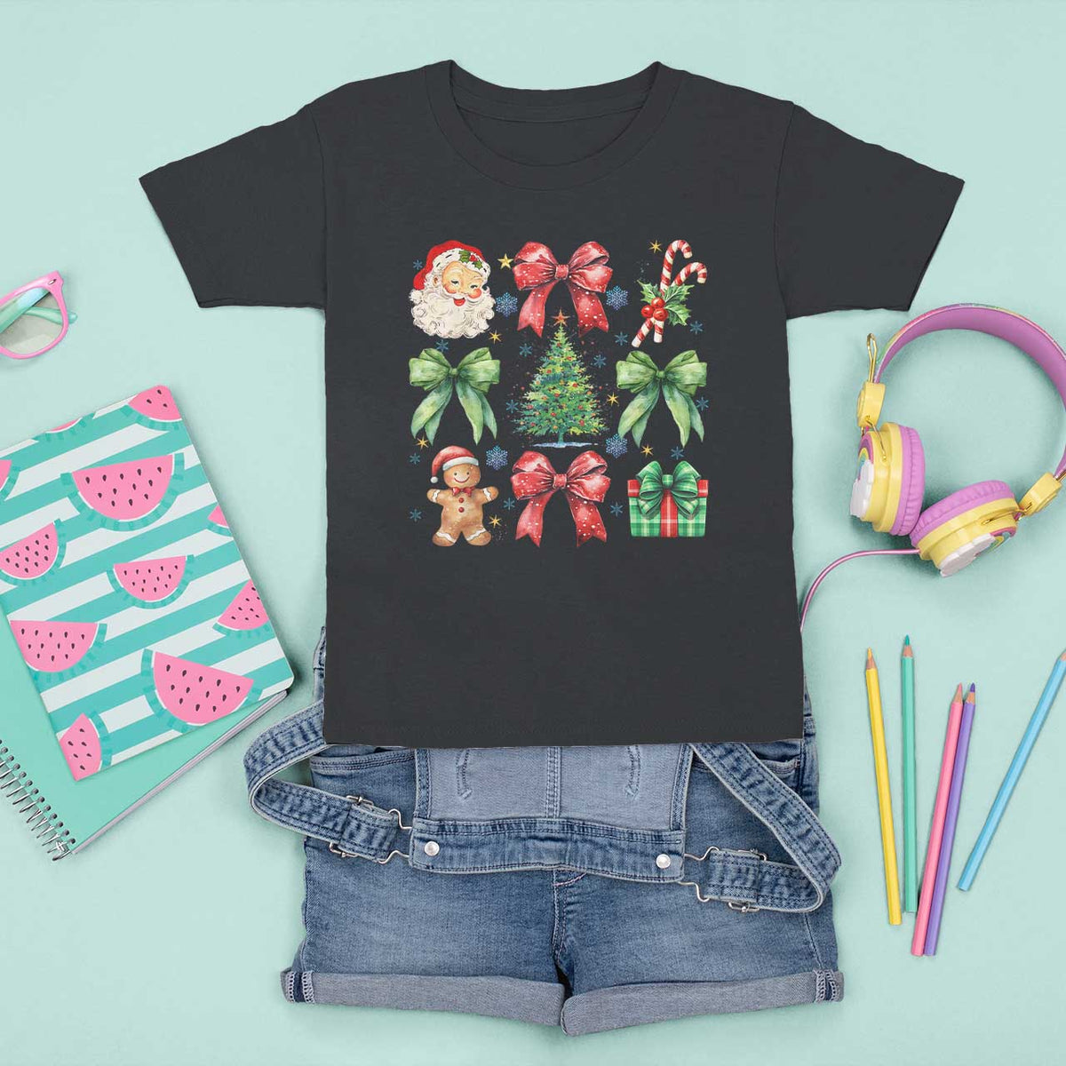 Christmas Tree Retro Coquette Bow T Shirt For Kid Santa Claus Candy Festive Xmas Vibes - Wonder Print Shop