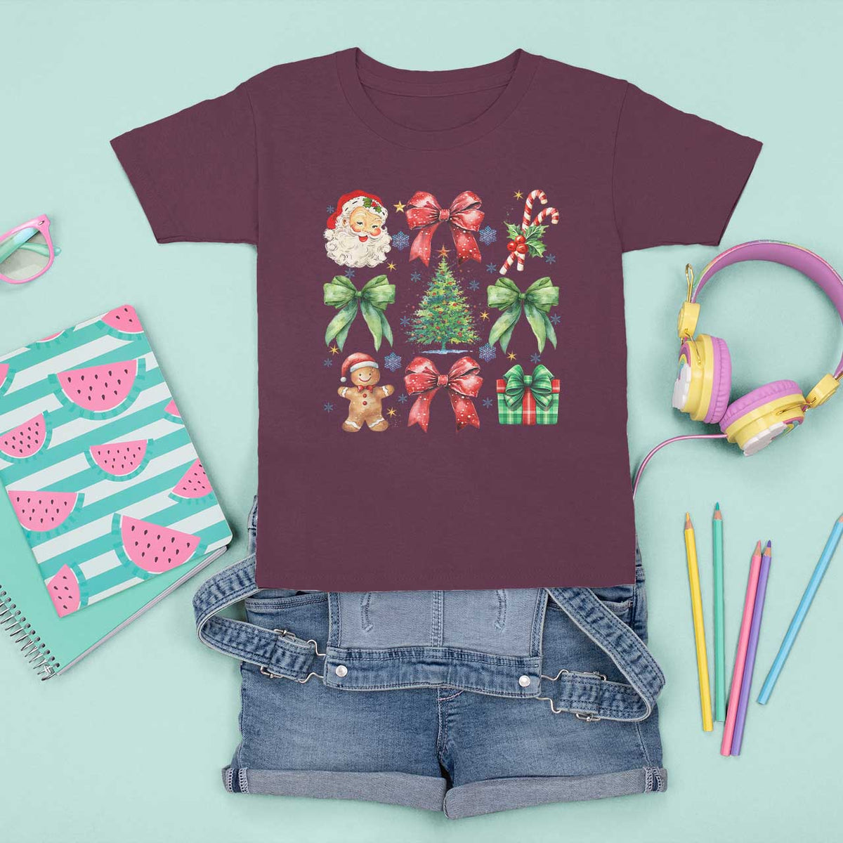 Christmas Tree Retro Coquette Bow T Shirt For Kid Santa Claus Candy Festive Xmas Vibes - Wonder Print Shop