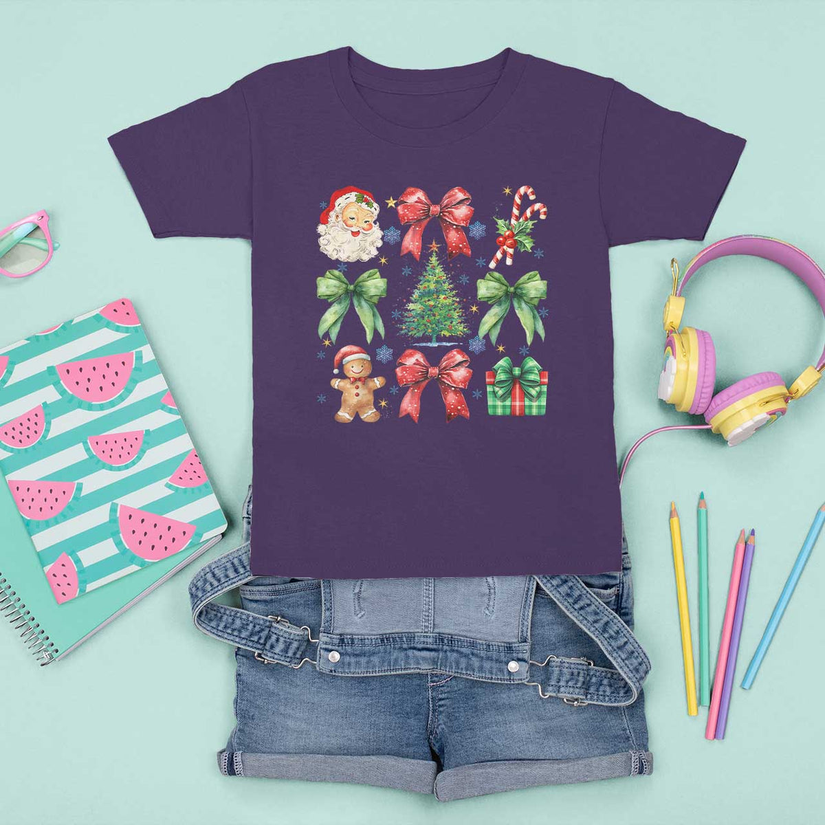 Christmas Tree Retro Coquette Bow T Shirt For Kid Santa Claus Candy Festive Xmas Vibes - Wonder Print Shop