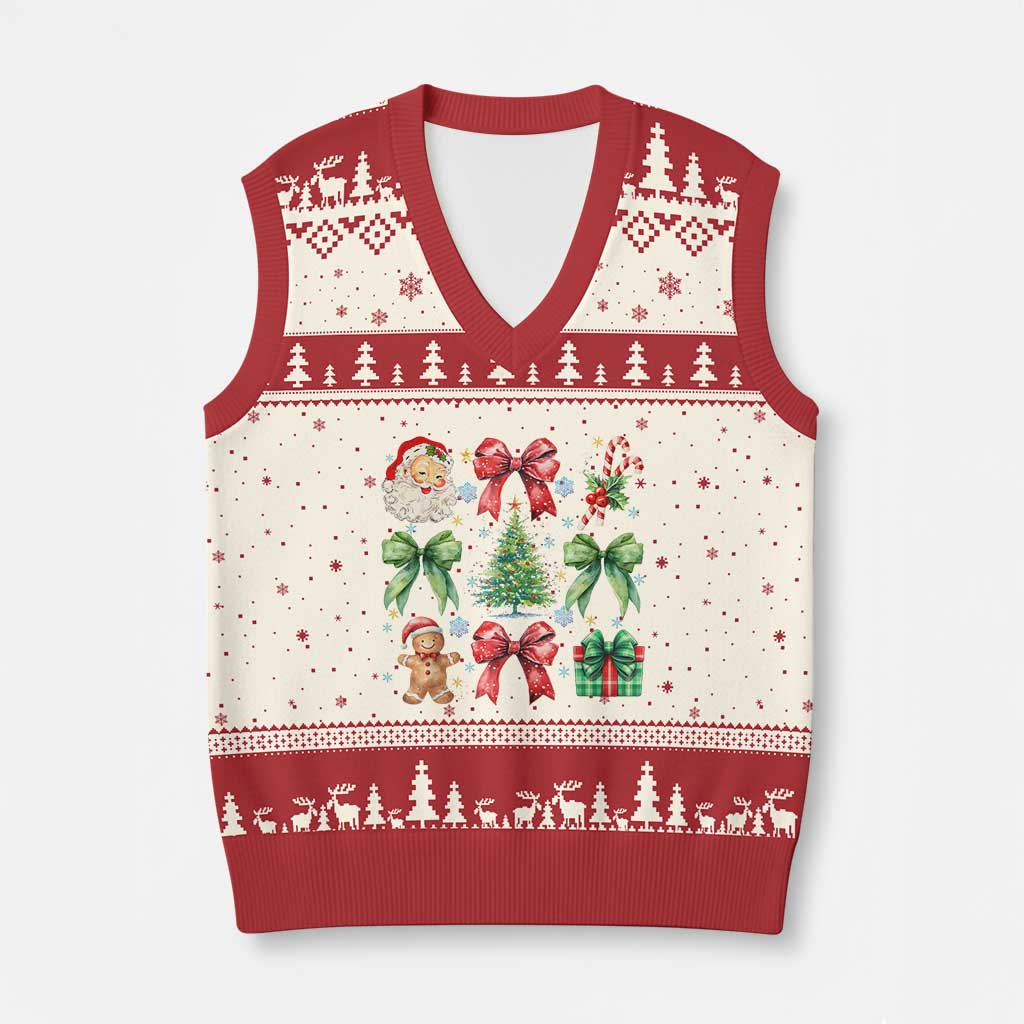 Xmas Tree Retro Coquette Bow V-Neck Knit Sweater Vest Santa Claus Candy Festive Xmas Vibes - Wonder Print Shop