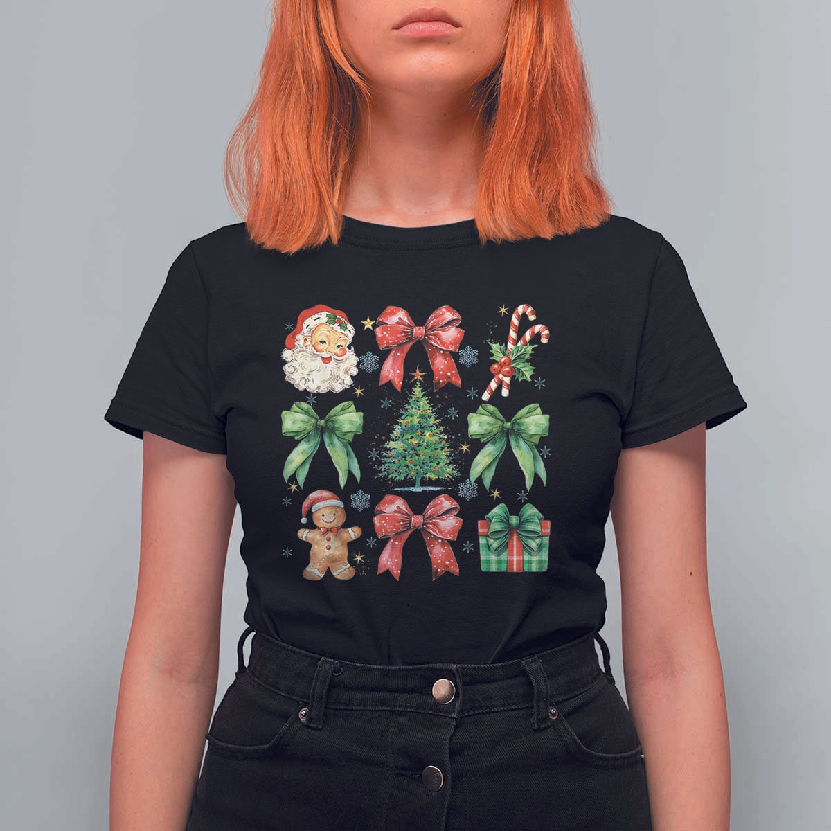 Christmas Tree Retro Coquette Bow T Shirt For Women Santa Claus Candy Festive Xmas Vibes - Wonder Print Shop