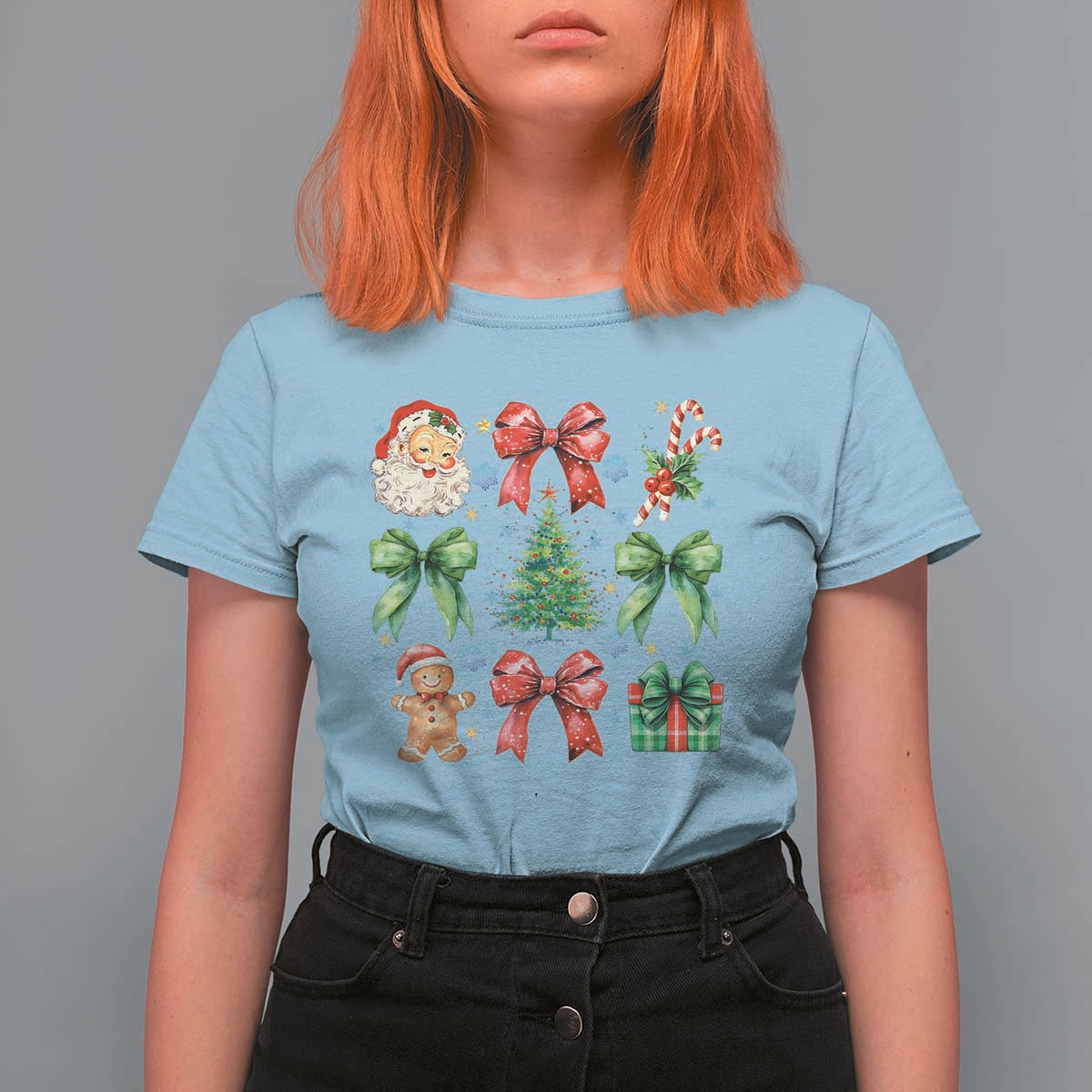 Christmas Tree Retro Coquette Bow T Shirt For Women Santa Claus Candy Festive Xmas Vibes - Wonder Print Shop