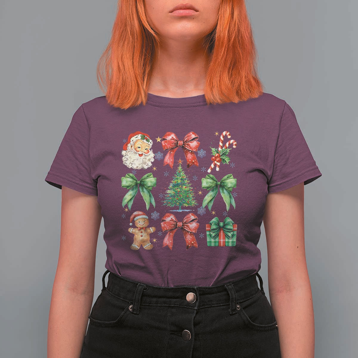Christmas Tree Retro Coquette Bow T Shirt For Women Santa Claus Candy Festive Xmas Vibes - Wonder Print Shop