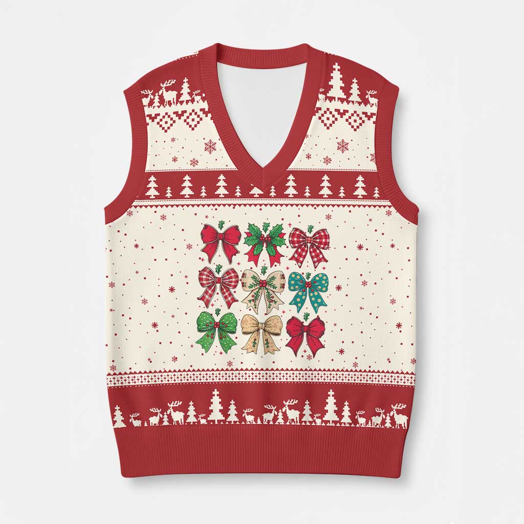 Merry Xmas Coquette Bow V-Neck Knit Sweater Vest Festive Xmas Vibe - Wonder Print Shop