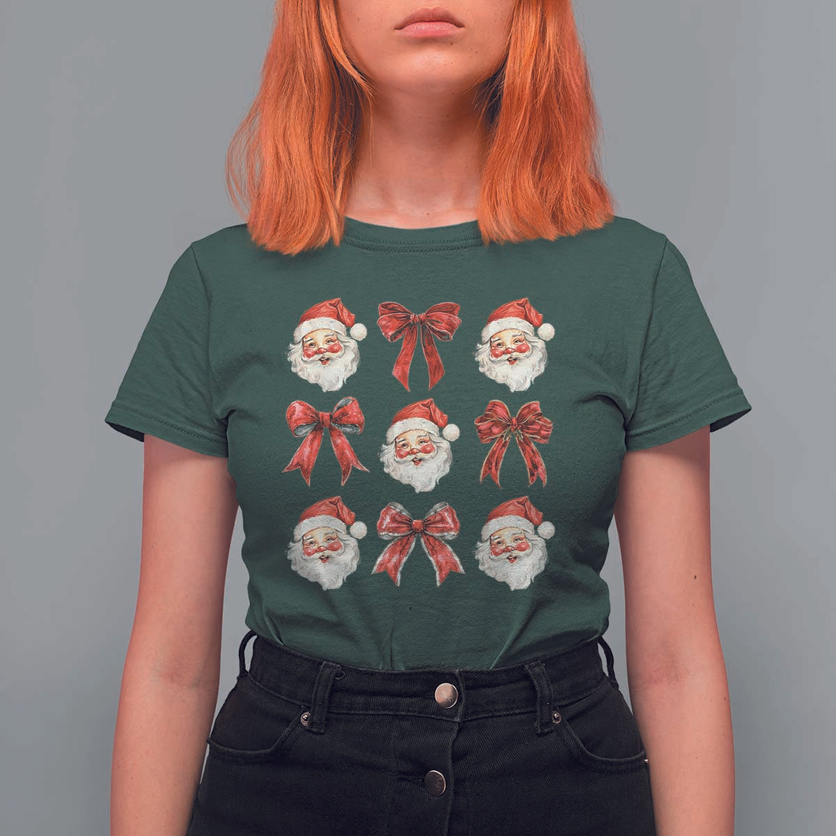 Plaid Coquette Bow Santa Claus T Shirt For Women Merry Xmas Festive - Wonder Print Shop