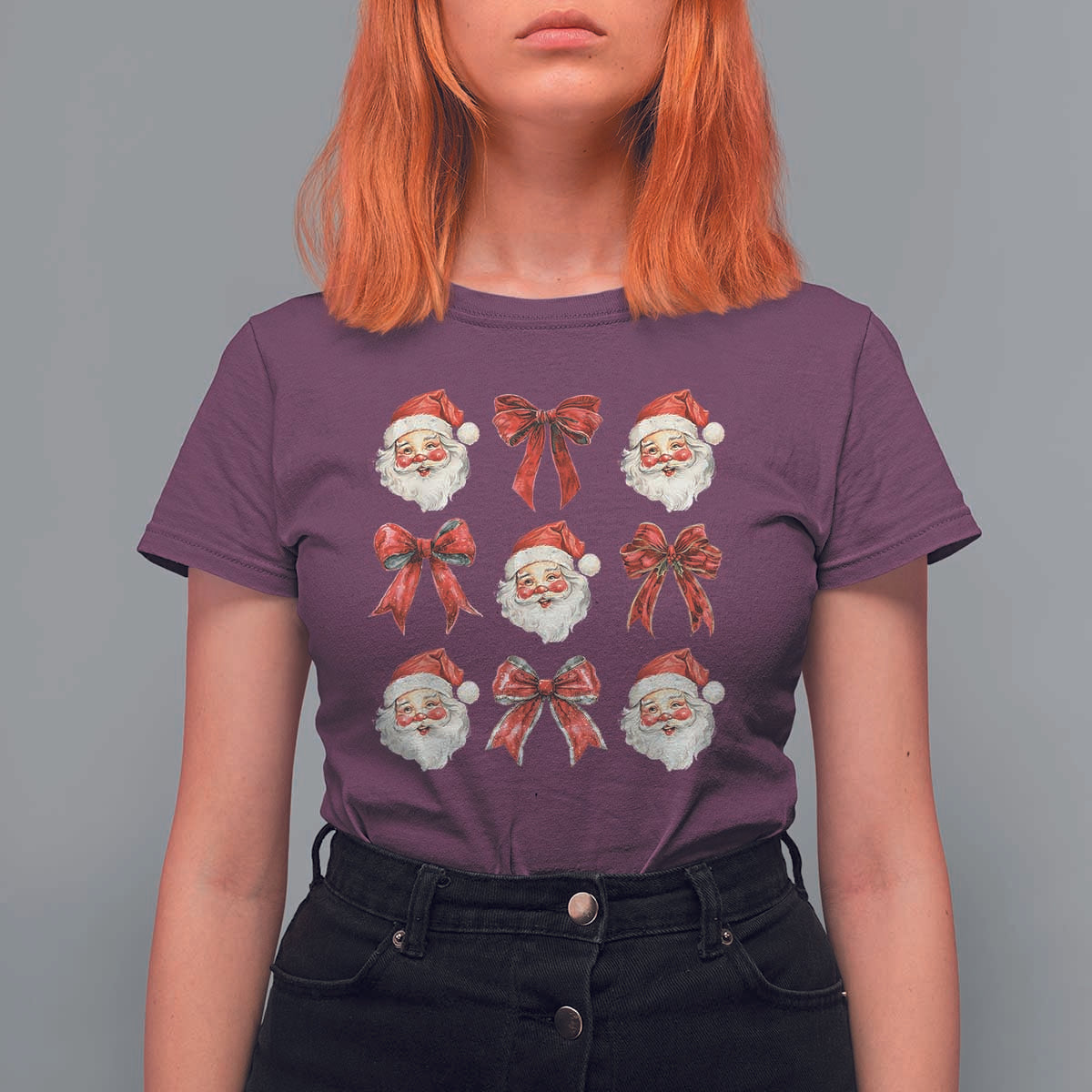 Plaid Coquette Bow Santa Claus T Shirt For Women Merry Xmas Festive - Wonder Print Shop