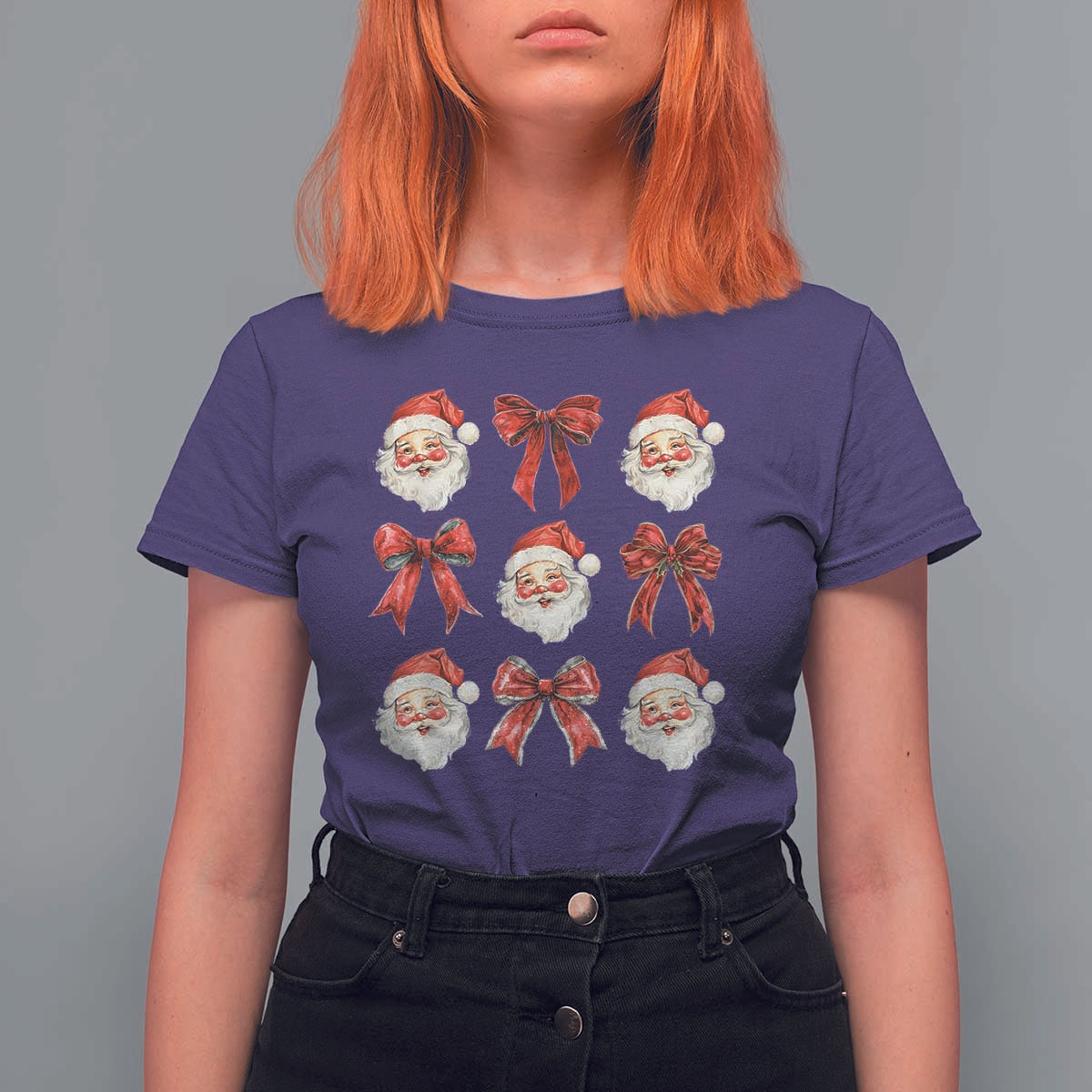 Plaid Coquette Bow Santa Claus T Shirt For Women Merry Xmas Festive - Wonder Print Shop