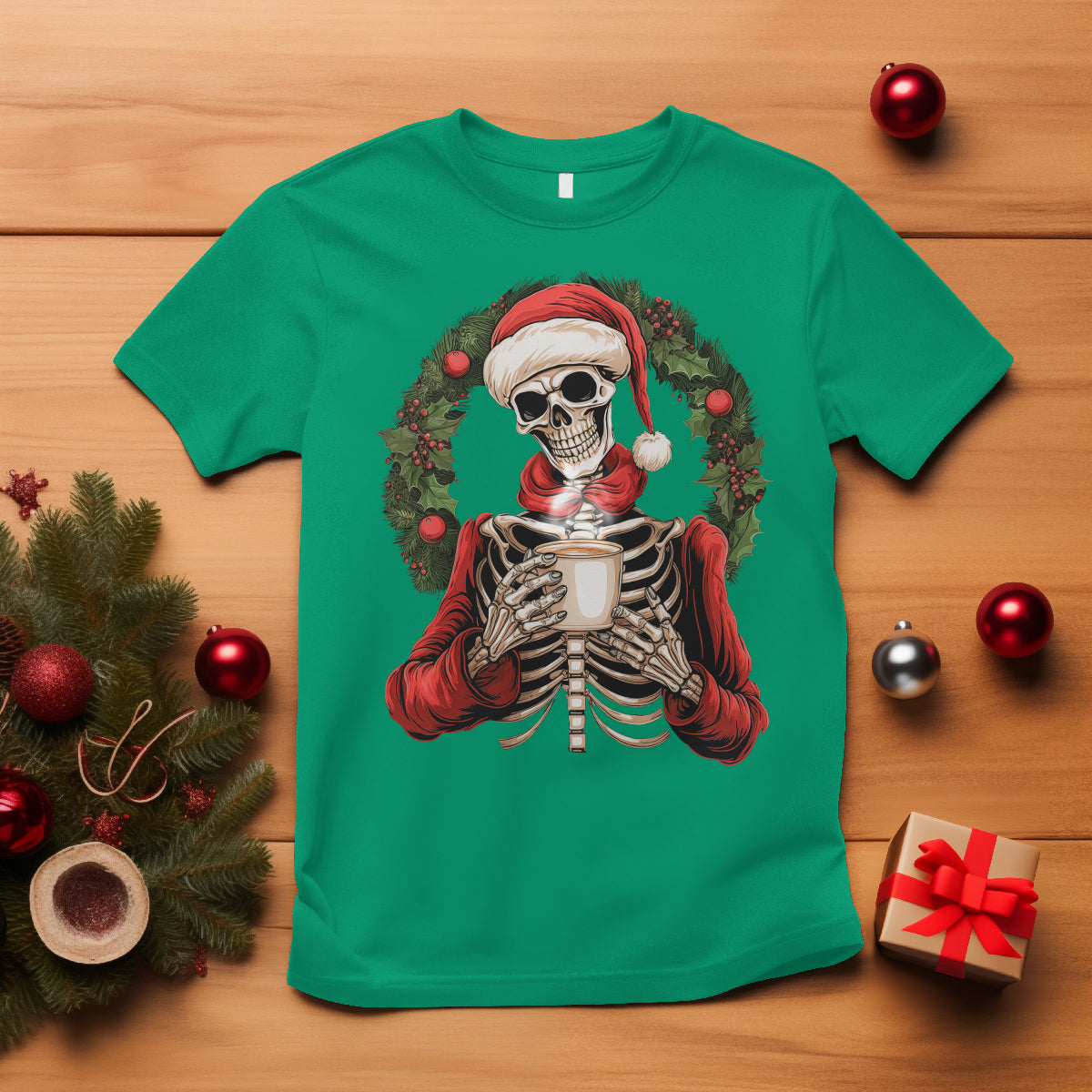 Skeleton Christmas T Shirt Dead Inside But Caffeinated Coffee Lover Xmas Vibe - Wonder Print Shop