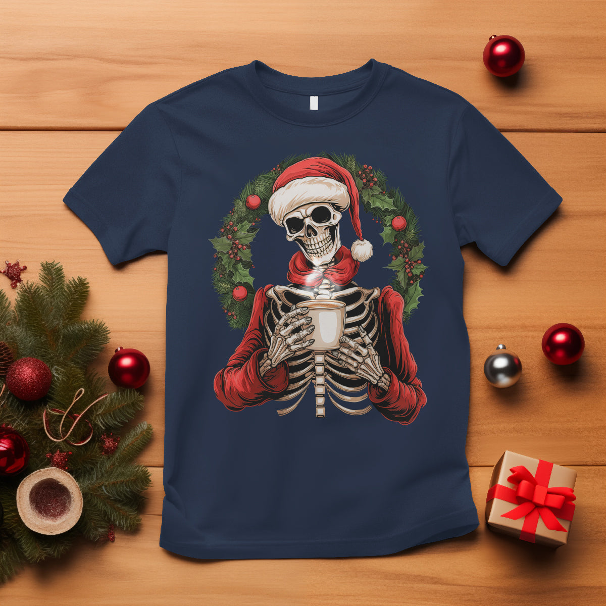 Skeleton Christmas T Shirt Dead Inside But Caffeinated Coffee Lover Xmas Vibe - Wonder Print Shop