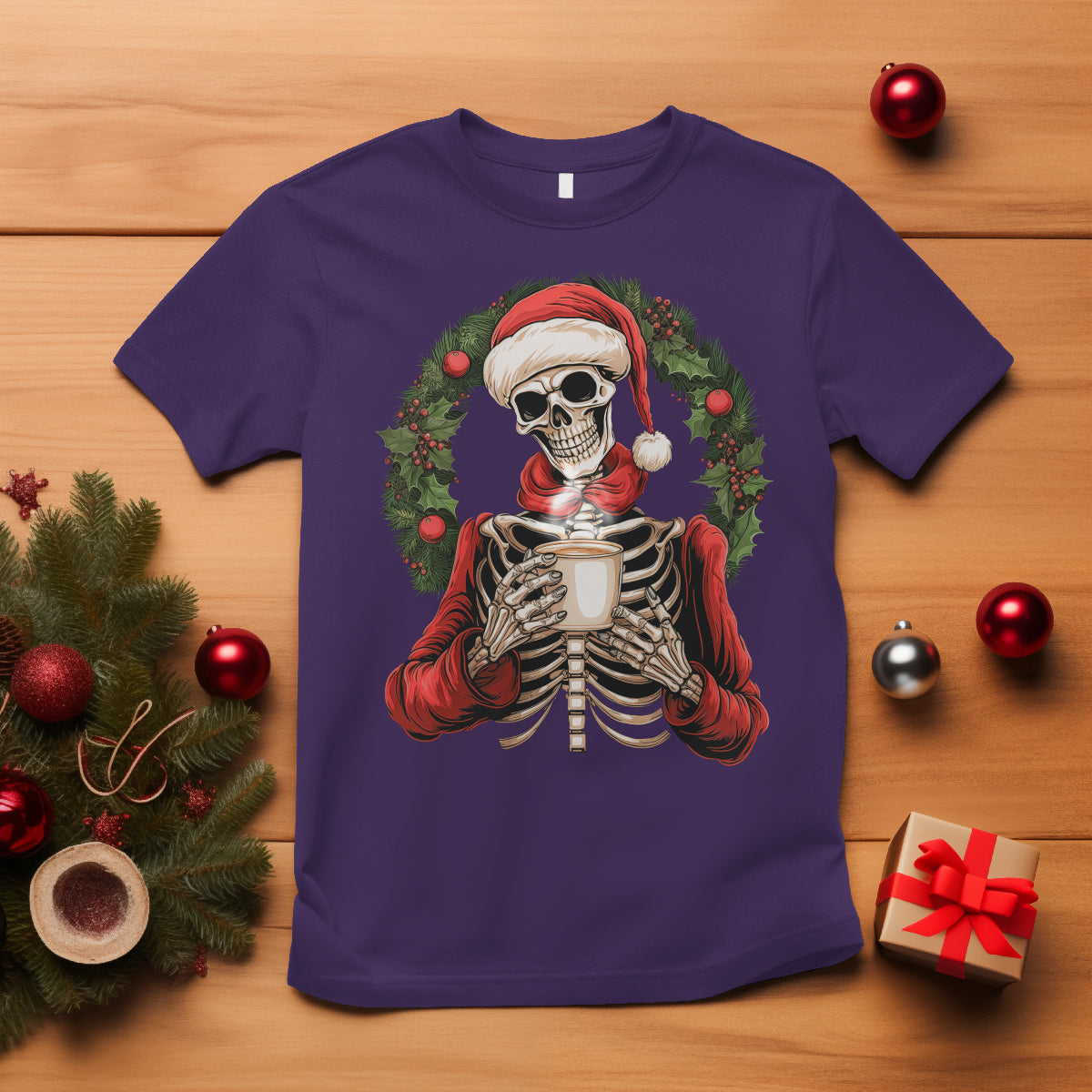 Skeleton Christmas T Shirt Dead Inside But Caffeinated Coffee Lover Xmas Vibe - Wonder Print Shop