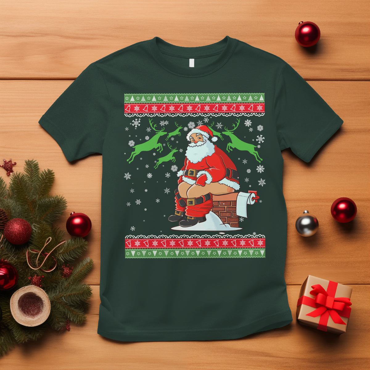 Funny Santa Claus T Shirt Pooping Down The Chimney Ugly Sweater Christmas - Wonder Print Shop
