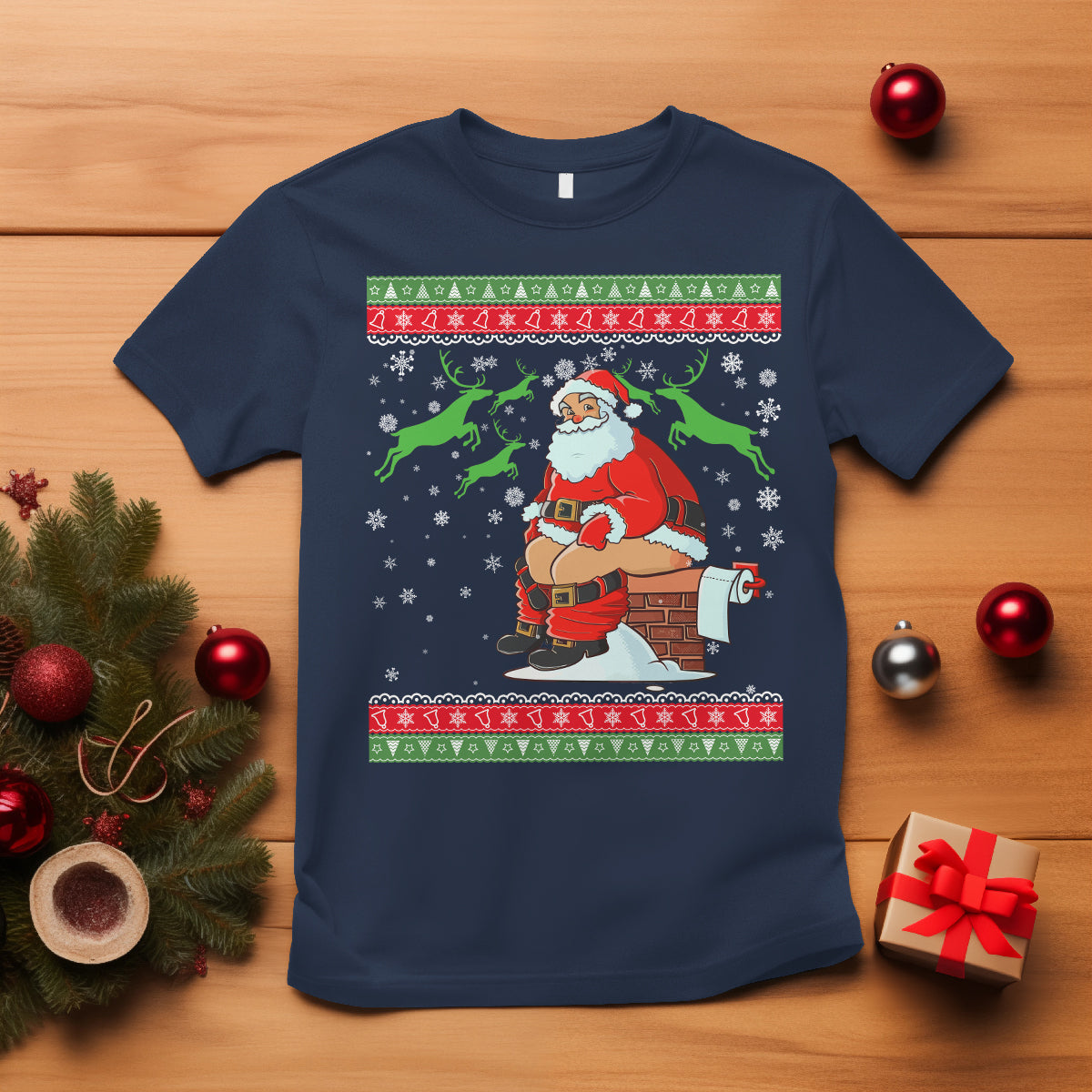 Funny Santa Claus T Shirt Pooping Down The Chimney Ugly Sweater Christmas - Wonder Print Shop