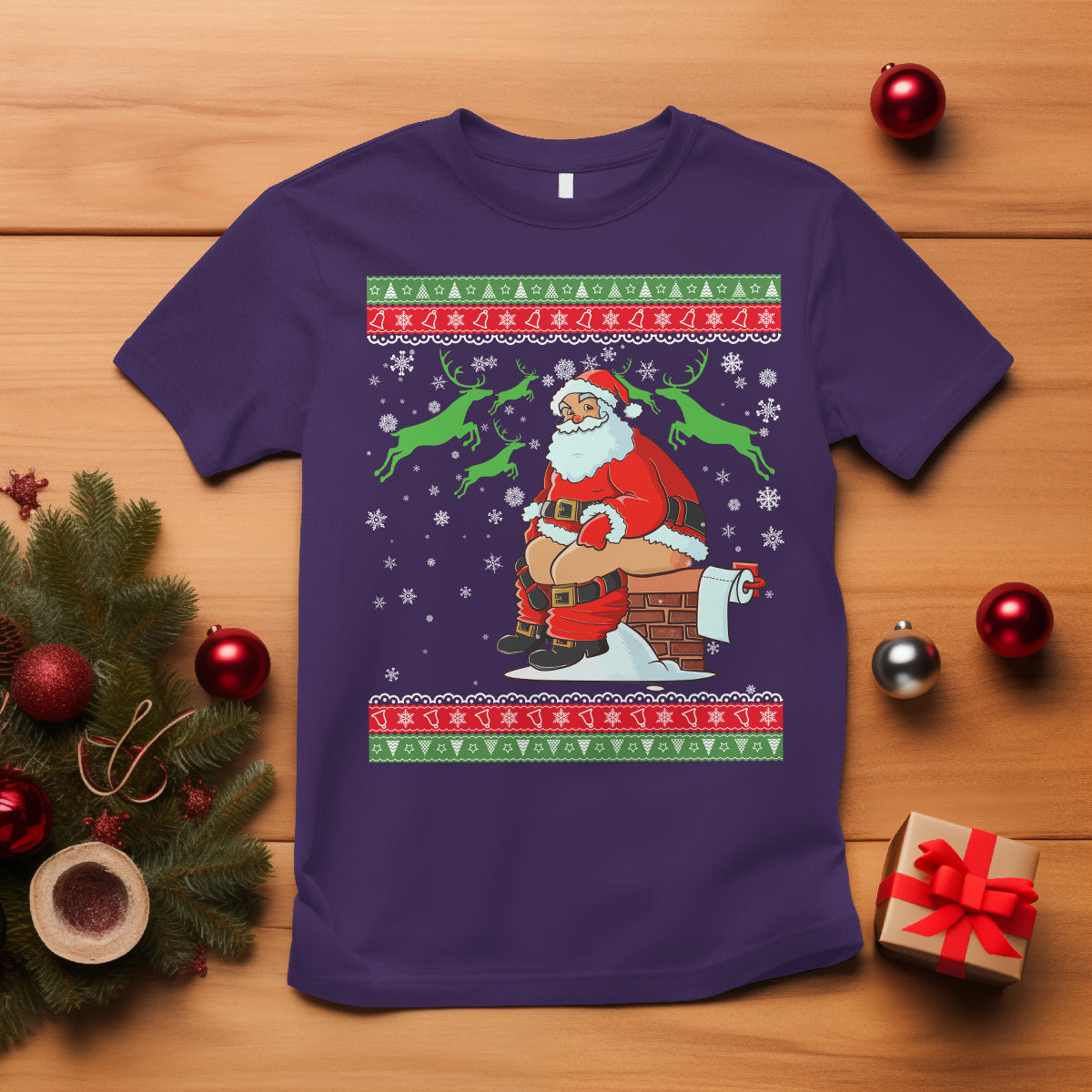 Funny Santa Claus T Shirt Pooping Down The Chimney Ugly Sweater Christmas - Wonder Print Shop