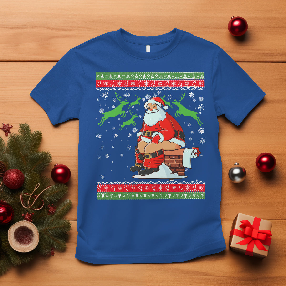 Funny Santa Claus T Shirt Pooping Down The Chimney Ugly Sweater Christmas - Wonder Print Shop