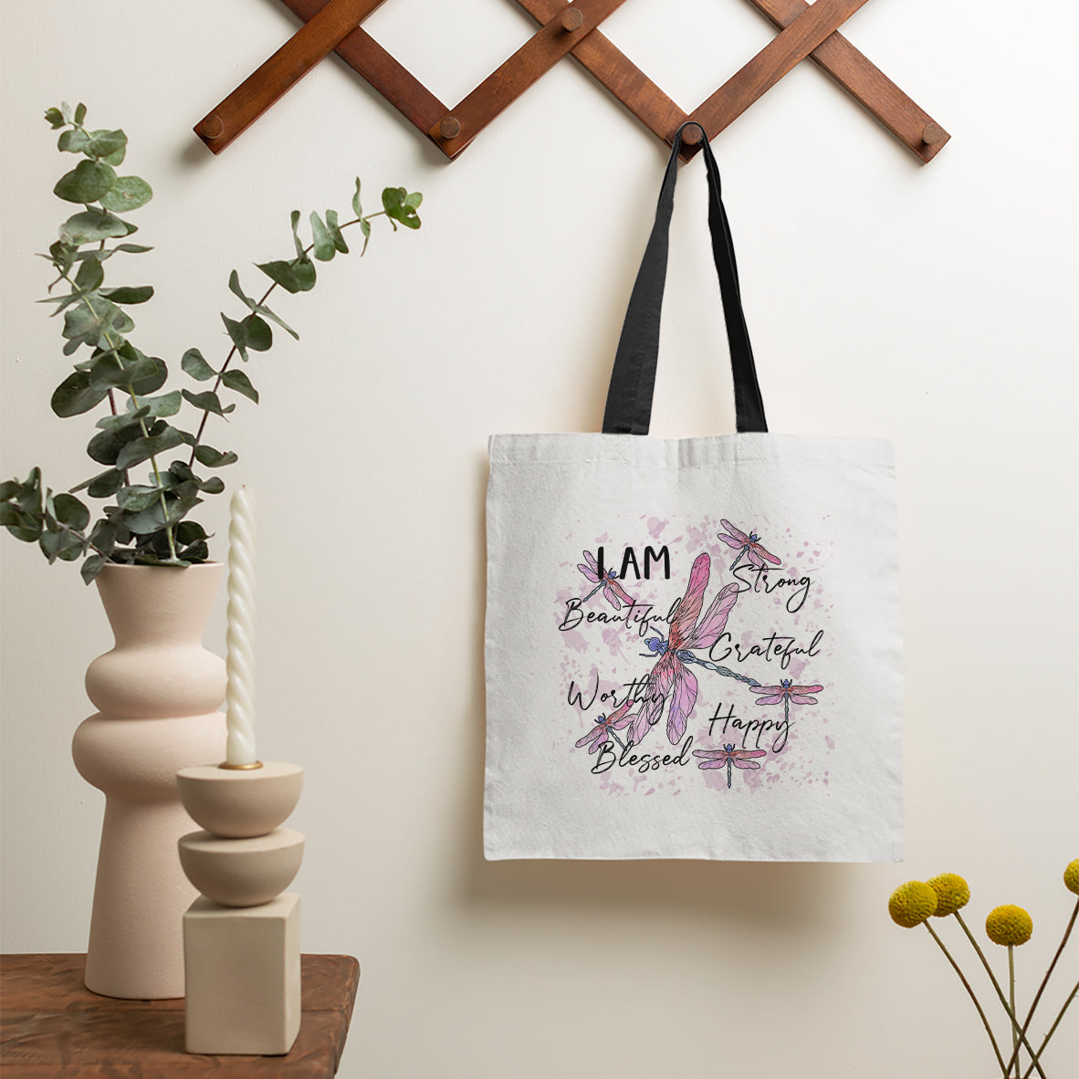I Am Strong Beautiful Grateful Happy Worthy Dragonflies Tote Bag, Dragonfly Tote Bag, Nature Tote Bag, Gift for Women, Dragonfly Lover Tote Bag - Wonder Print Shop