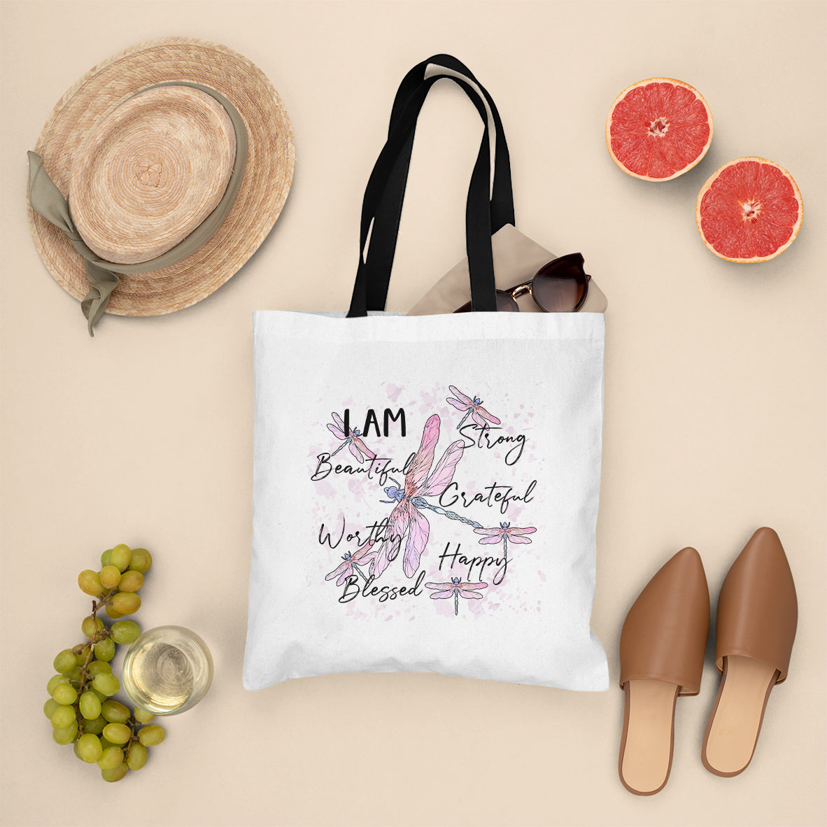 I Am Strong Beautiful Grateful Happy Worthy Dragonflies Tote Bag, Dragonfly Tote Bag, Nature Tote Bag, Gift for Women, Dragonfly Lover Tote Bag - Wonder Print Shop