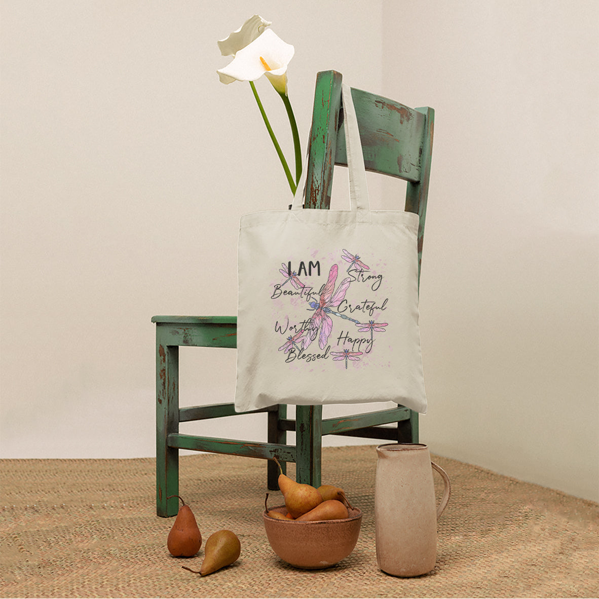 I Am Strong Beautiful Grateful Happy Worthy Dragonflies Tote Bag, Dragonfly Tote Bag, Nature Tote Bag, Gift for Women, Dragonfly Lover Tote Bag - Wonder Print Shop