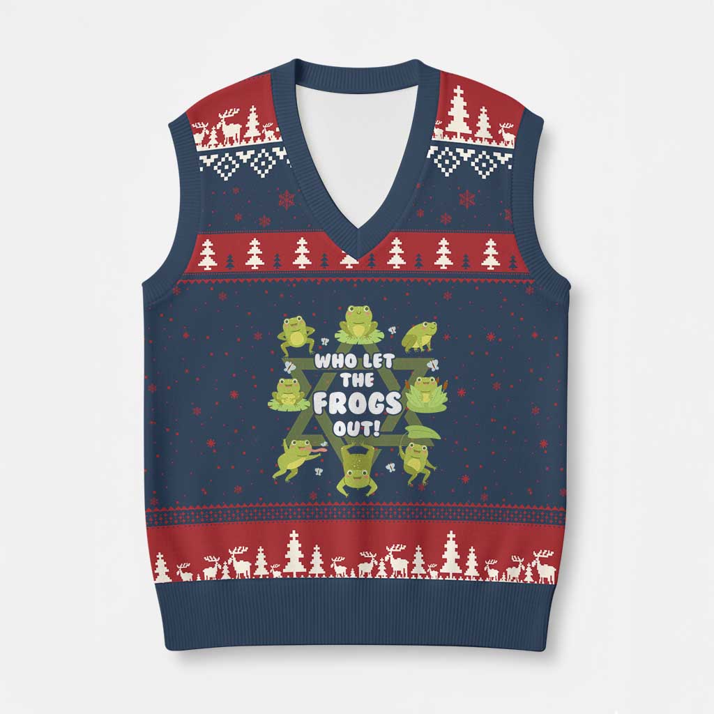 Funny Passover V-Neck Knit Sweater Vest Who Let the Frogs Out  Jewish Seder Fami - Wonder Print Shop