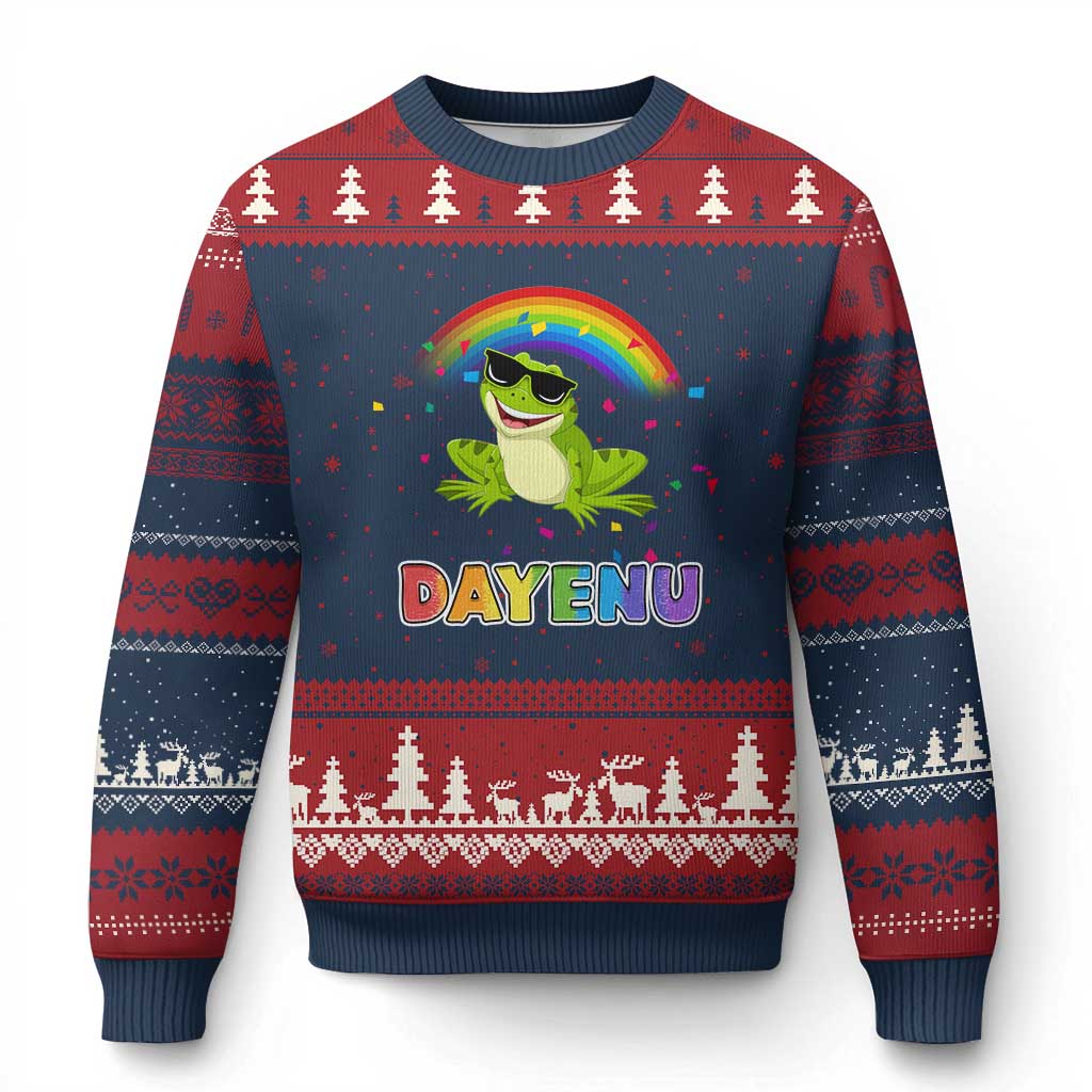 Funny Dayenu Frog Rainbow Ugly Christmas Sweater Passover Celebration with Pride Vibes - Wonder Print Shop