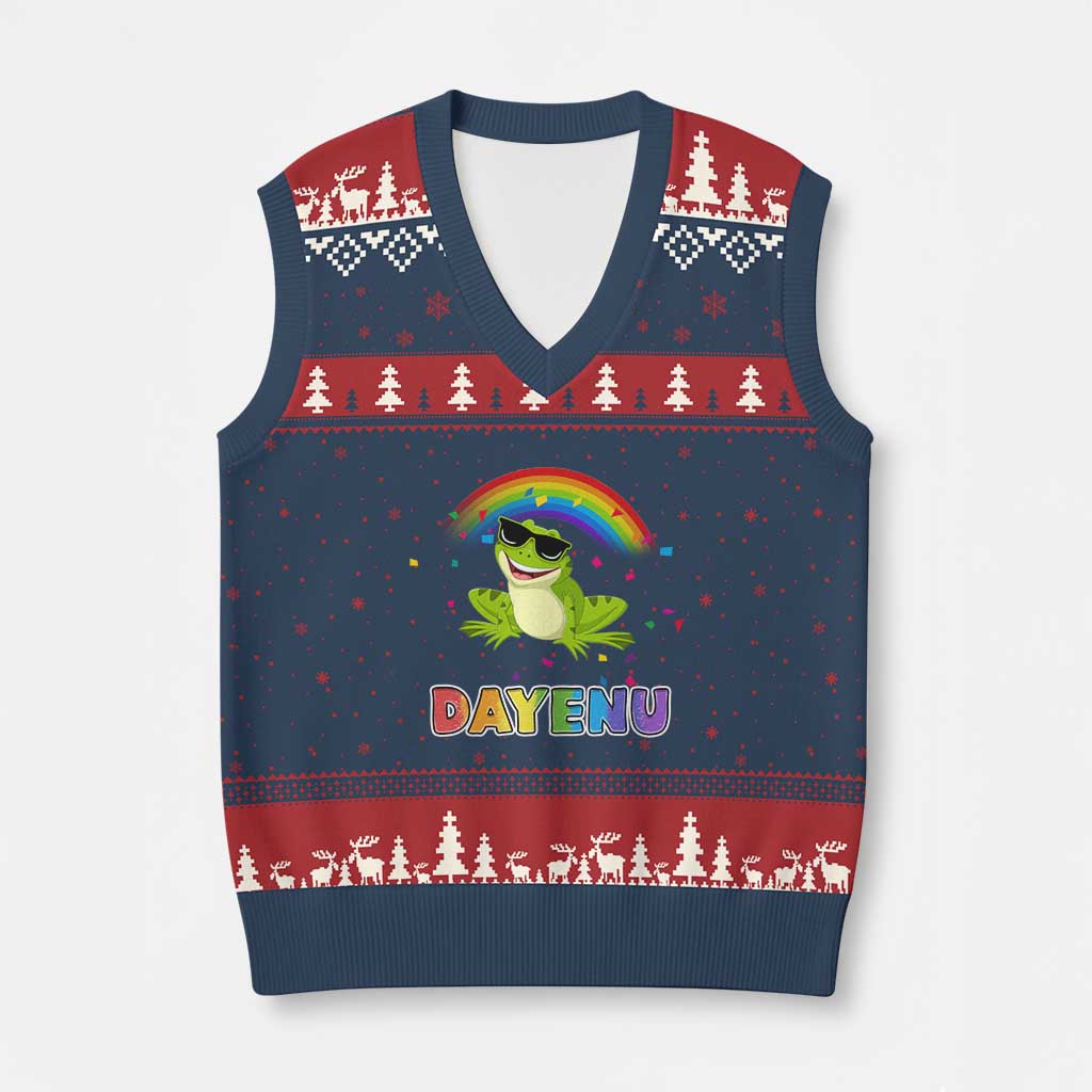Funny Dayenu Frog Rainbow V-Neck Knit Sweater Vest Passover Celebration with Pride Vibes - Wonder Print Shop