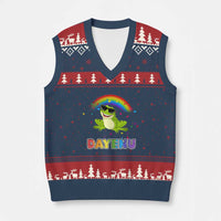 Funny Dayenu Frog Rainbow V-Neck Knit Sweater Vest Passover Celebration with Pride Vibes - Wonder Print Shop