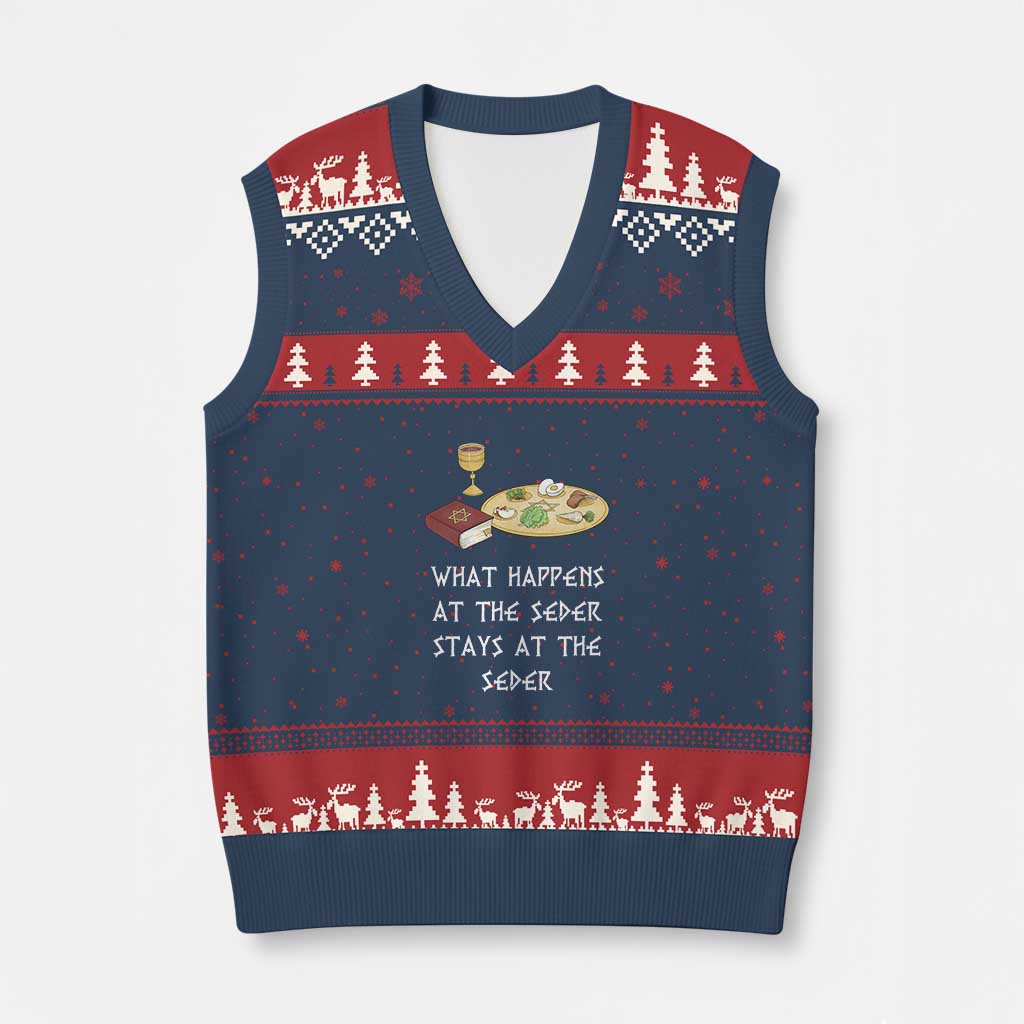 Funny Passover Seder V-Neck Knit Sweater Vest What Happens At The Seder Stays At The Seder Jewish Holiday - Wonder Print Shop