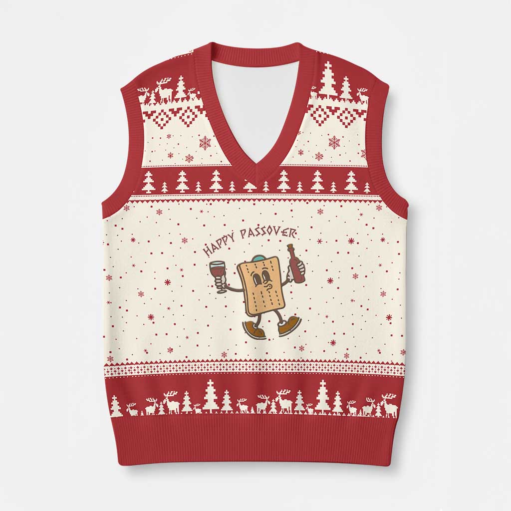 Happy Passover Matzah Drinking V-Neck Knit Sweater Vest Wine and Matzo Matzatarian Funny Pesach Jewish - Wonder Print Shop