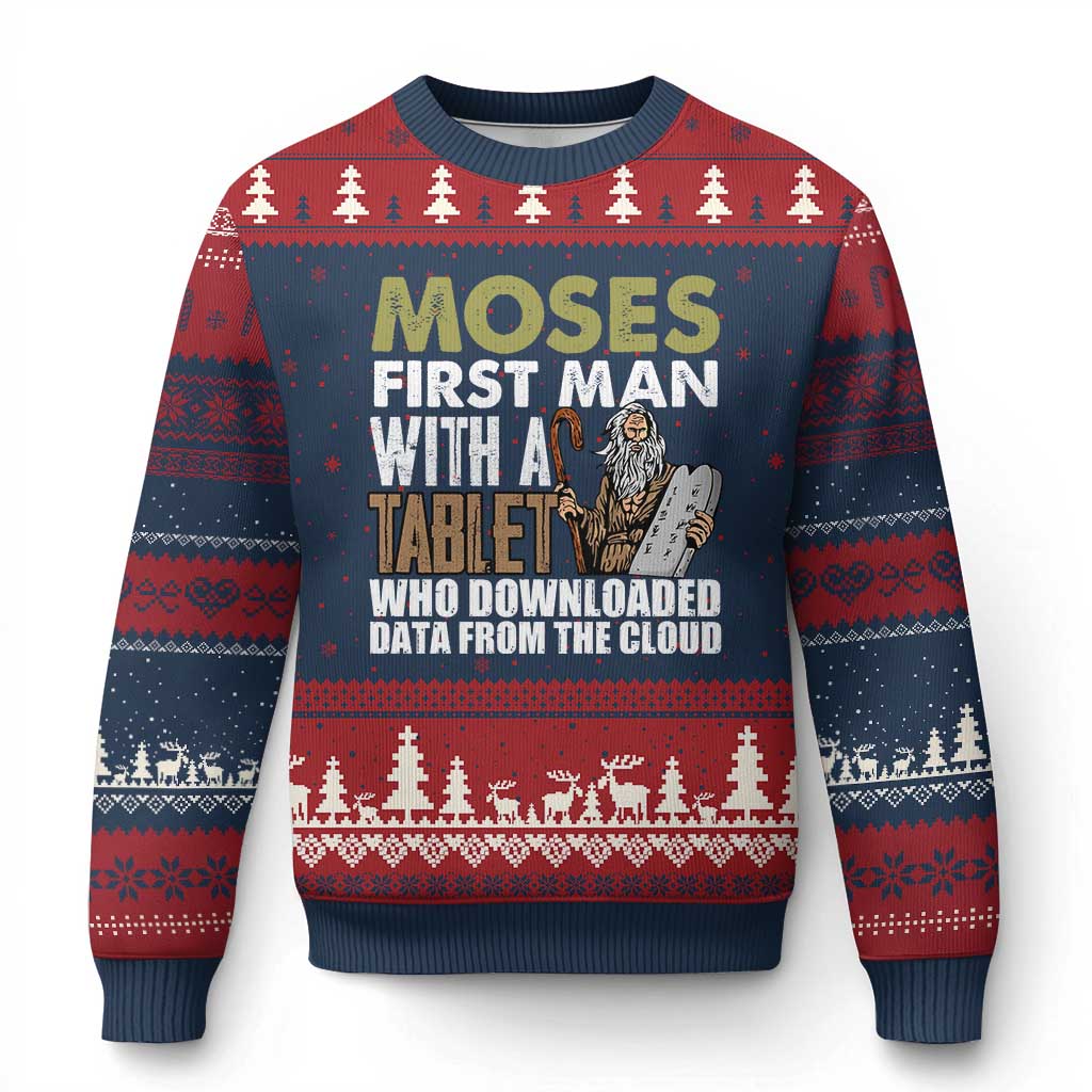 Funny Passover Jewish Tech Pun Ugly Christmas Sweater Moses First Man with a Tablet Who Downloaded Data from the Cloud - Wonder Print Shop