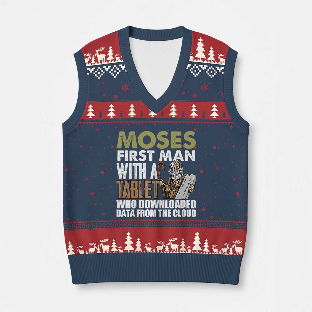 Funny Passover Jewish Tech Pun V-Neck Knit Sweater Vest Moses First Man with a Tablet Who Downloaded Data from the Cloud - Wonder Print Shop