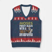 Funny Passover Jewish Tech Pun V-Neck Knit Sweater Vest Moses First Man with a Tablet Who Downloaded Data from the Cloud - Wonder Print Shop