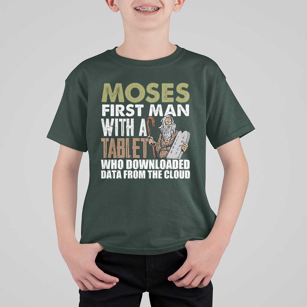 Funny Passover Jewish Tech Pun T Shirt For Kid Moses First Man with a Tablet Who Downloaded Data from the Cloud