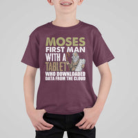 Funny Passover Jewish Tech Pun T Shirt For Kid Moses First Man with a Tablet Who Downloaded Data from the Cloud