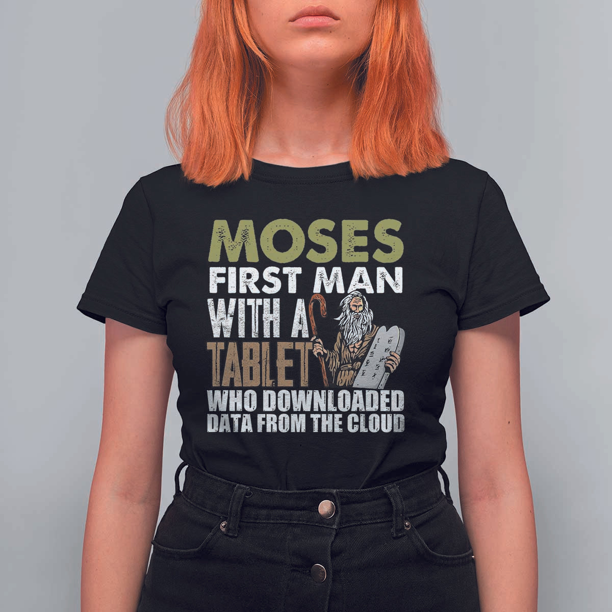 Funny Passover Jewish Tech Pun T Shirt For Women Moses First Man with a Tablet Who Downloaded Data from the Cloud