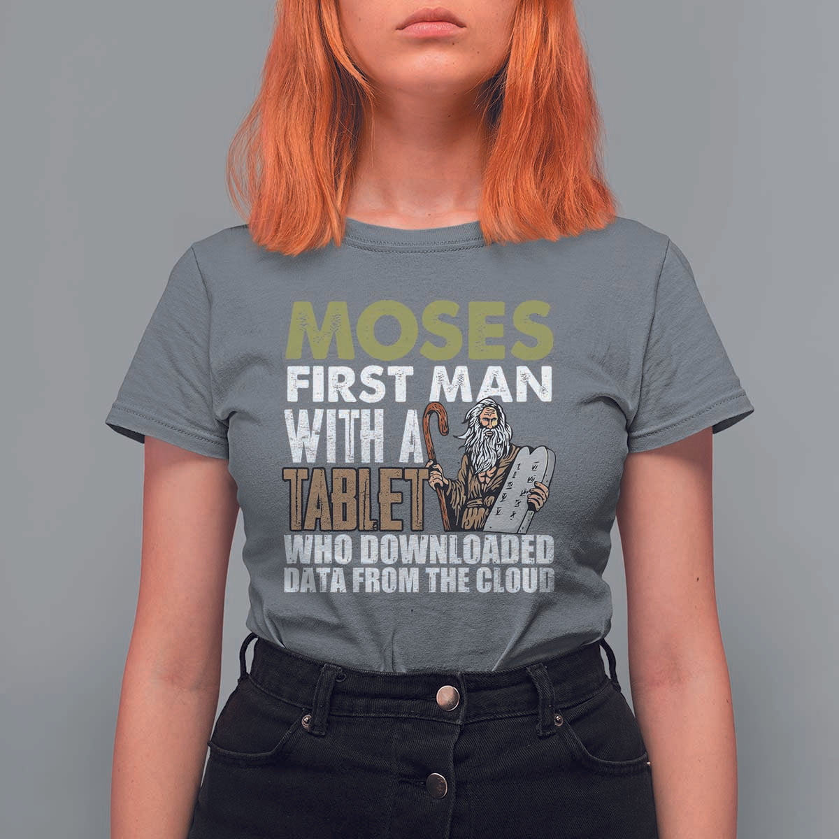 Funny Passover Jewish Tech Pun T Shirt For Women Moses First Man with a Tablet Who Downloaded Data from the Cloud