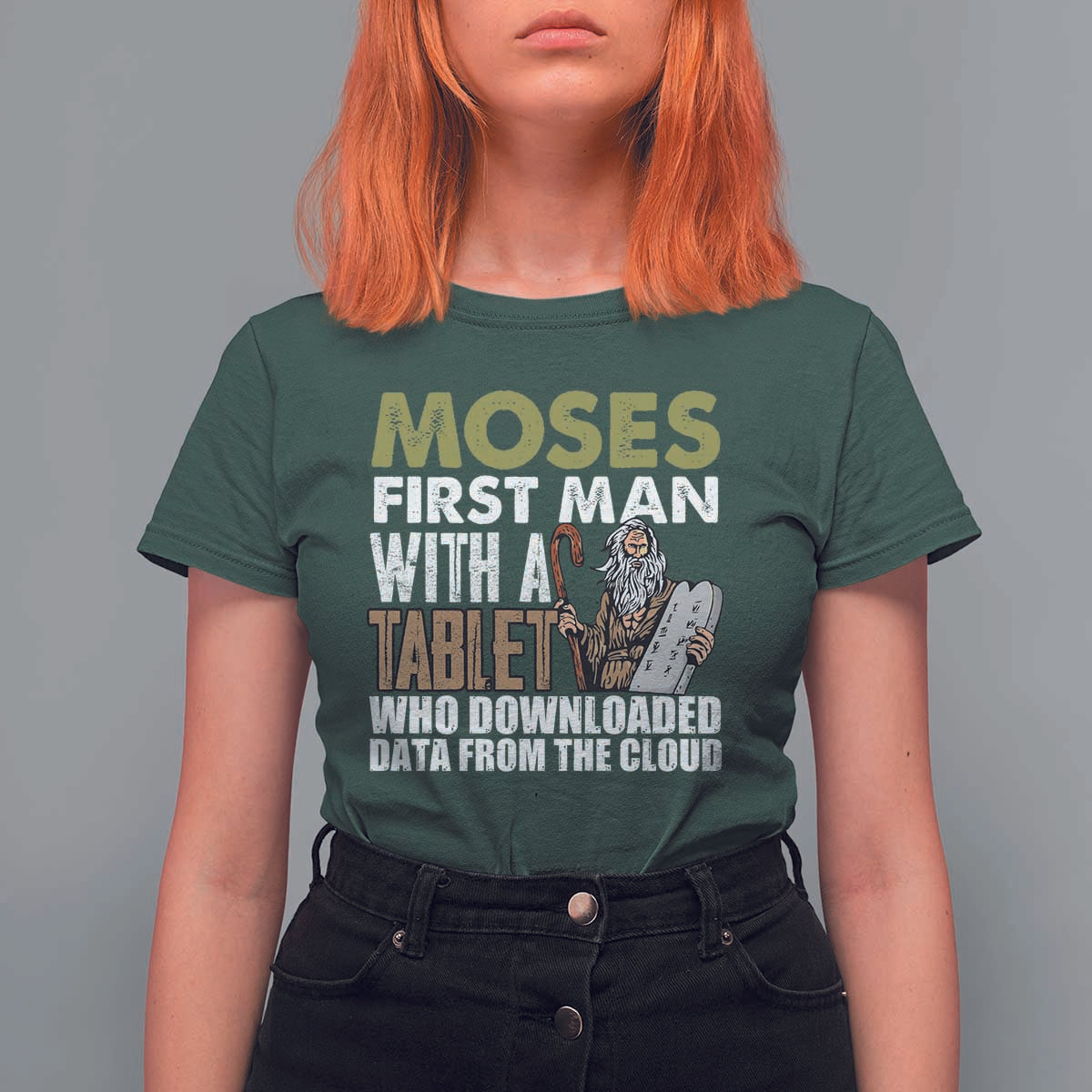 Funny Passover Jewish Tech Pun T Shirt For Women Moses First Man with a Tablet Who Downloaded Data from the Cloud