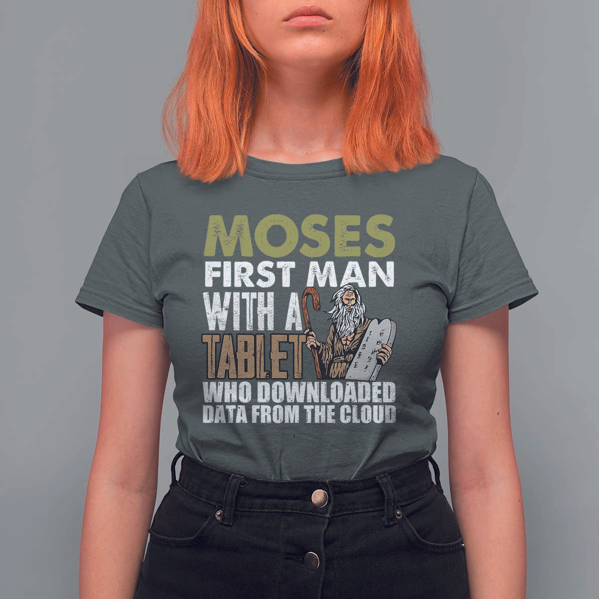 Funny Passover Jewish Tech Pun T Shirt For Women Moses First Man with a Tablet Who Downloaded Data from the Cloud