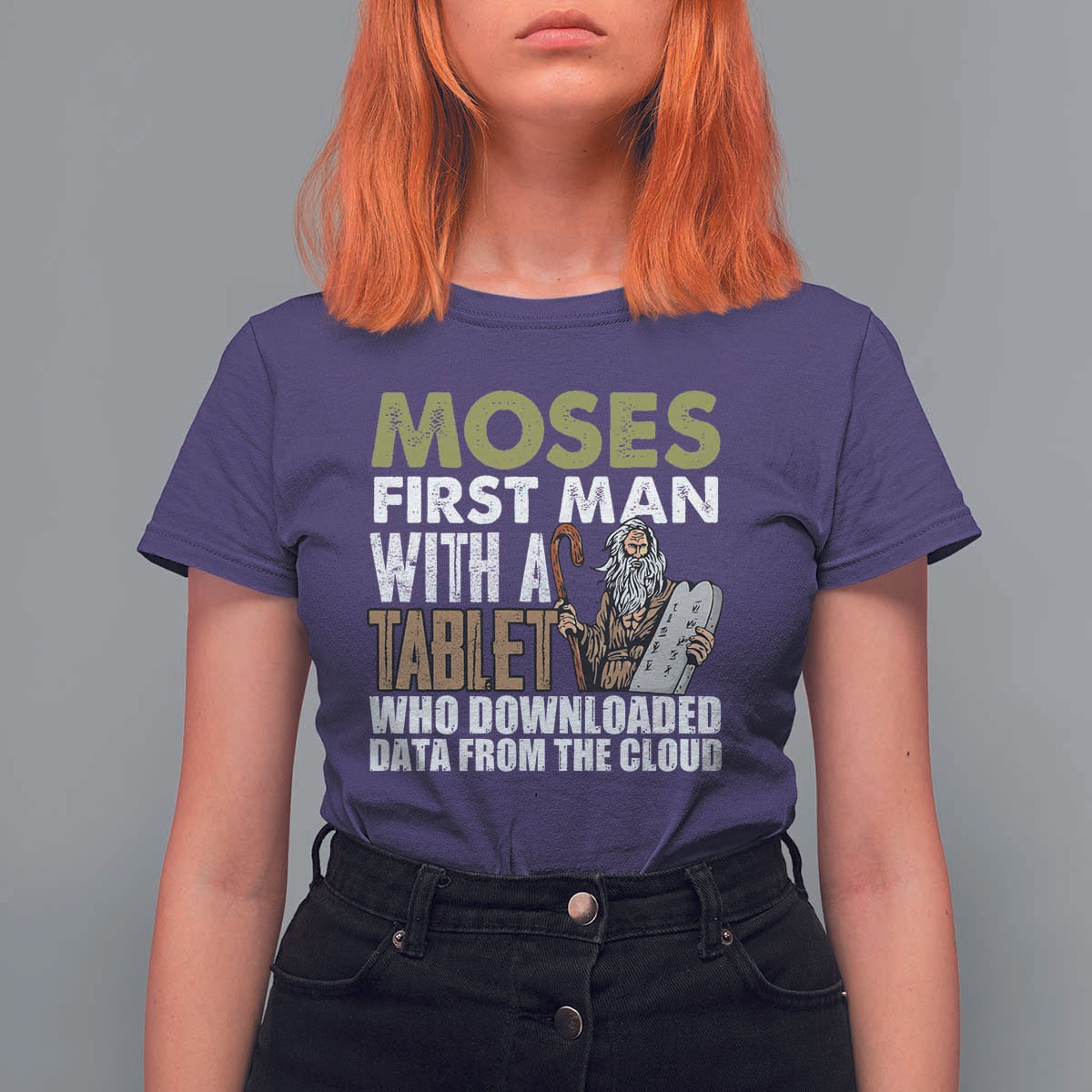 Funny Passover Jewish Tech Pun T Shirt For Women Moses First Man with a Tablet Who Downloaded Data from the Cloud